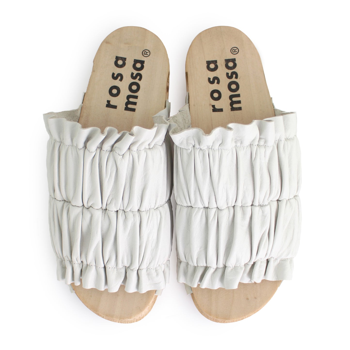 rosamosa chloe white leather wrinkle wooden clog