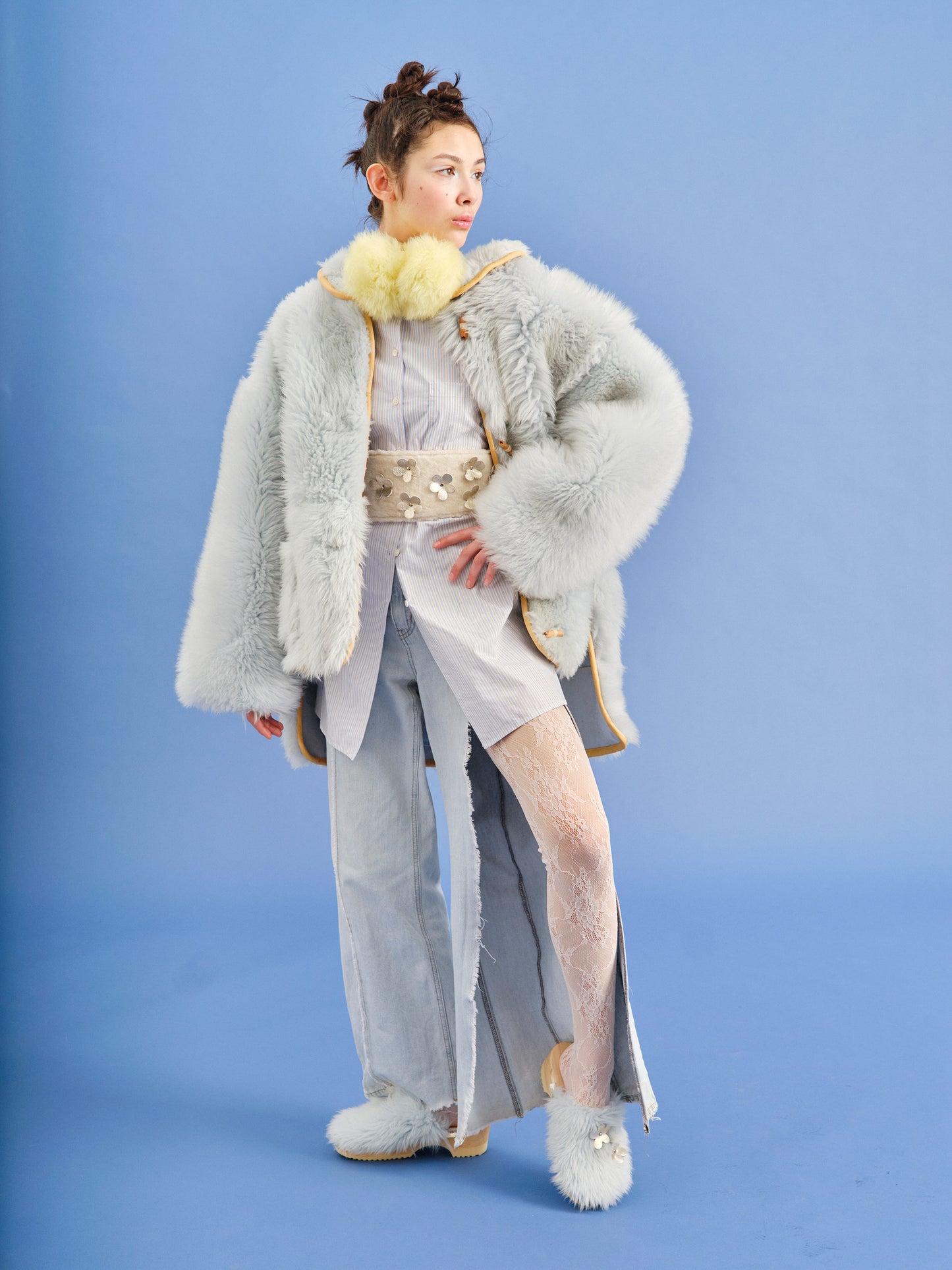 PANTO CURLY FIORE + Shearling Clog Shoes + Sky Blue