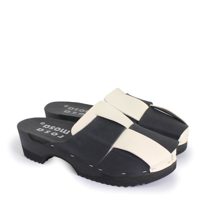 rosamosa chess black white leather dark wooden clog