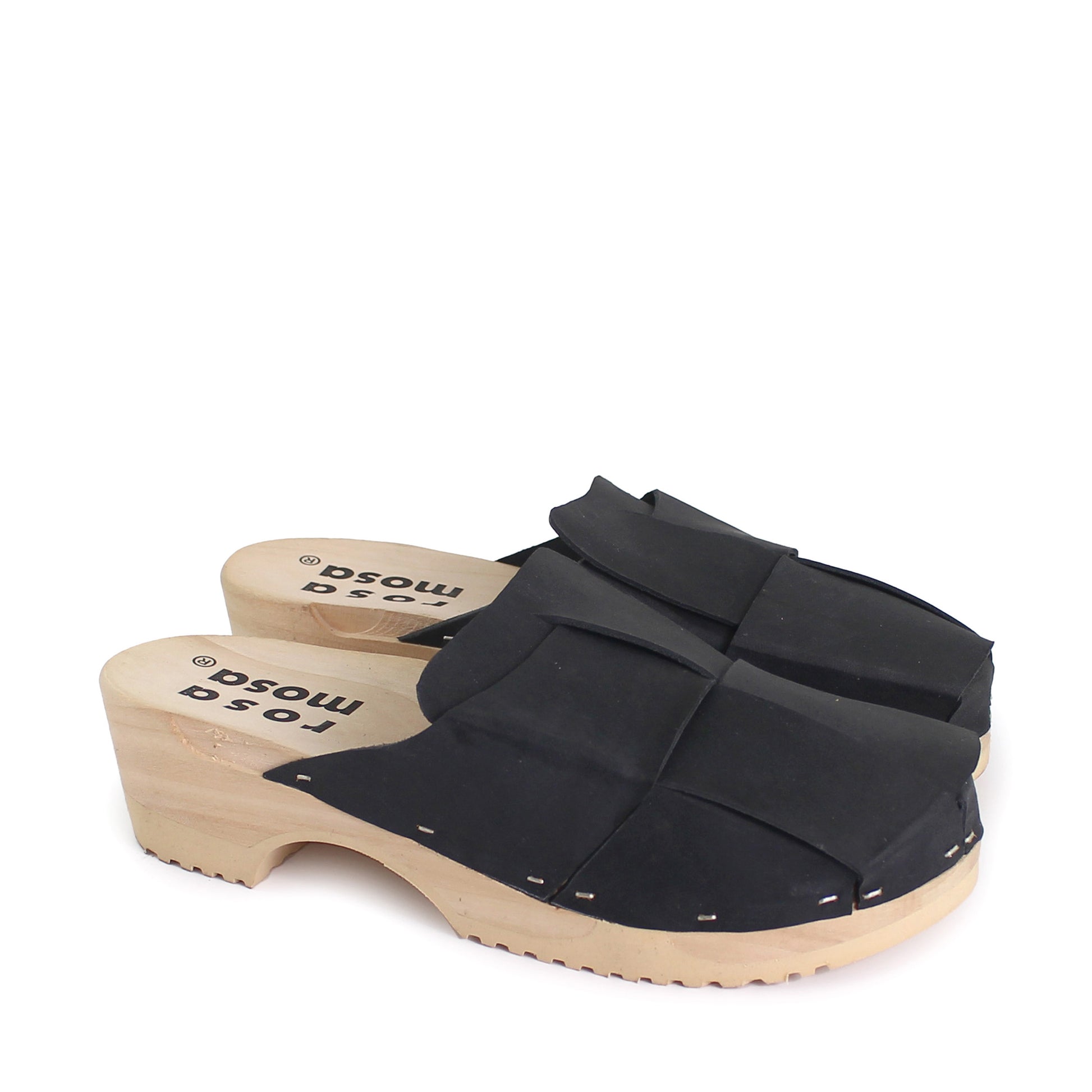  rosamosa chess all black leather natural wooden clog