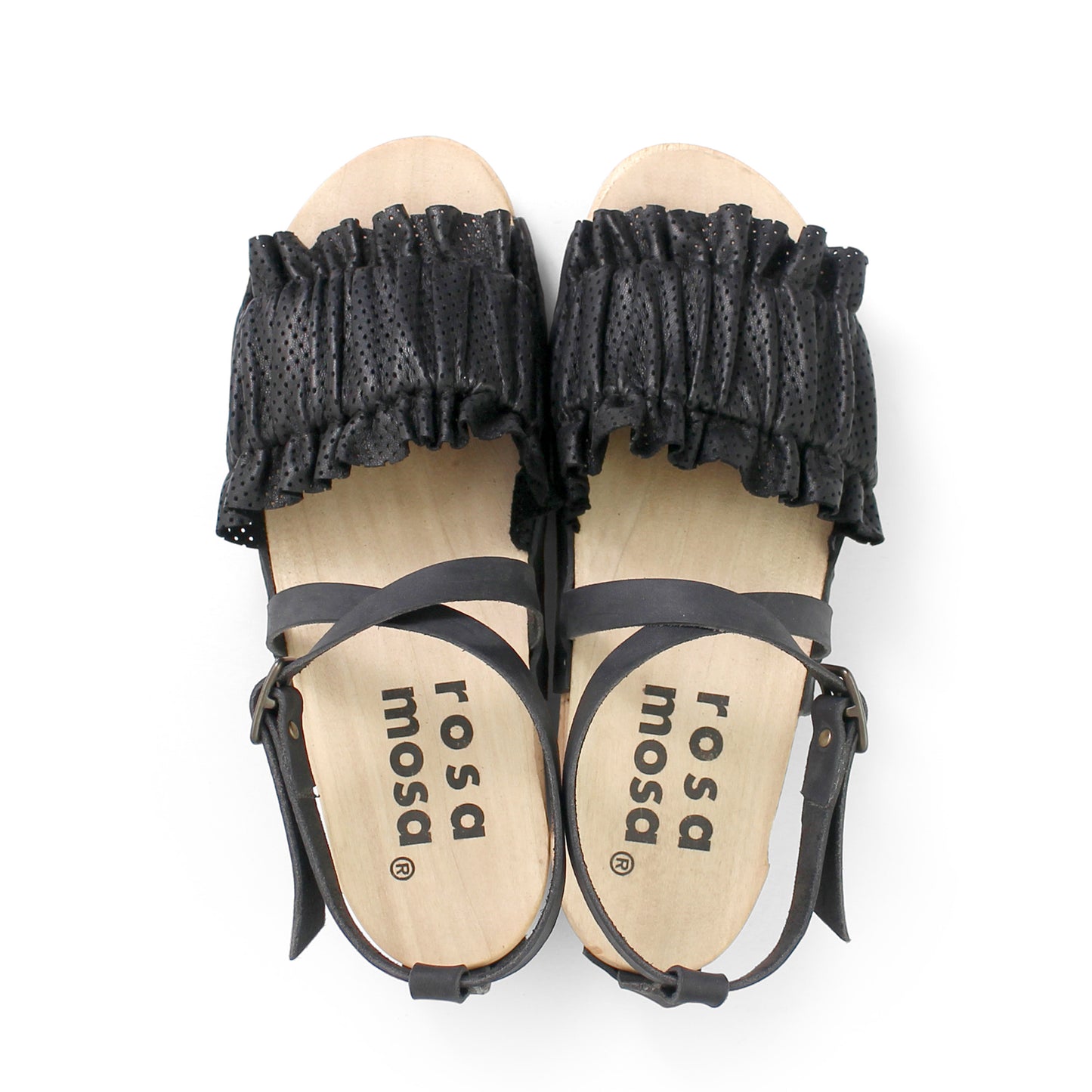 rosamosa chloe strap black leather wooden clog sandal