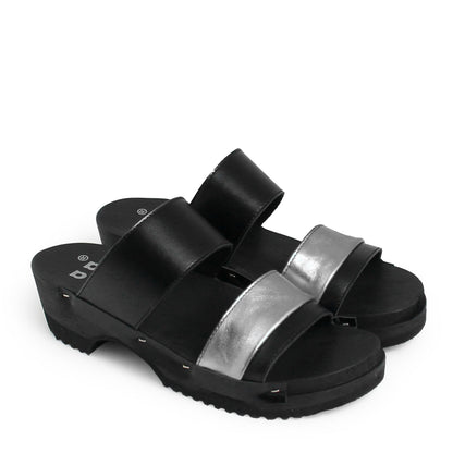 rosamosa donau black silver leather double dark wooden clog strap slippers