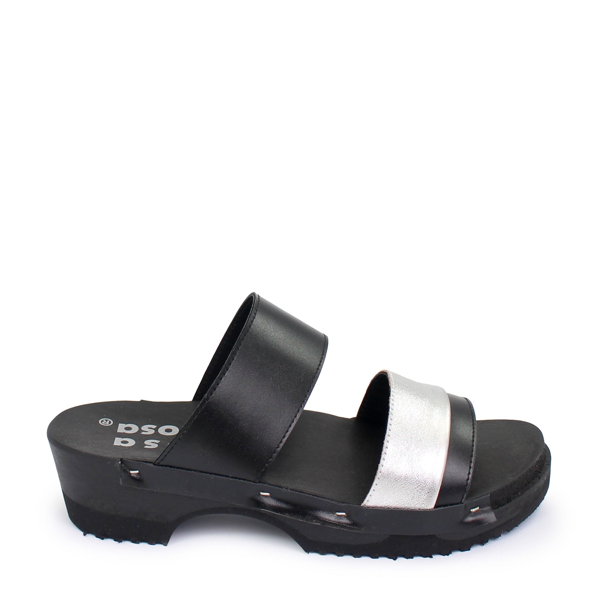 rosamosa donau black silver leather double dark wooden clog strap slippers