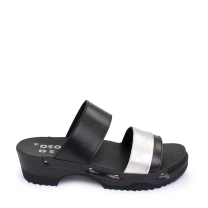 rosamosa donau black silver leather double dark wooden clog strap slippers