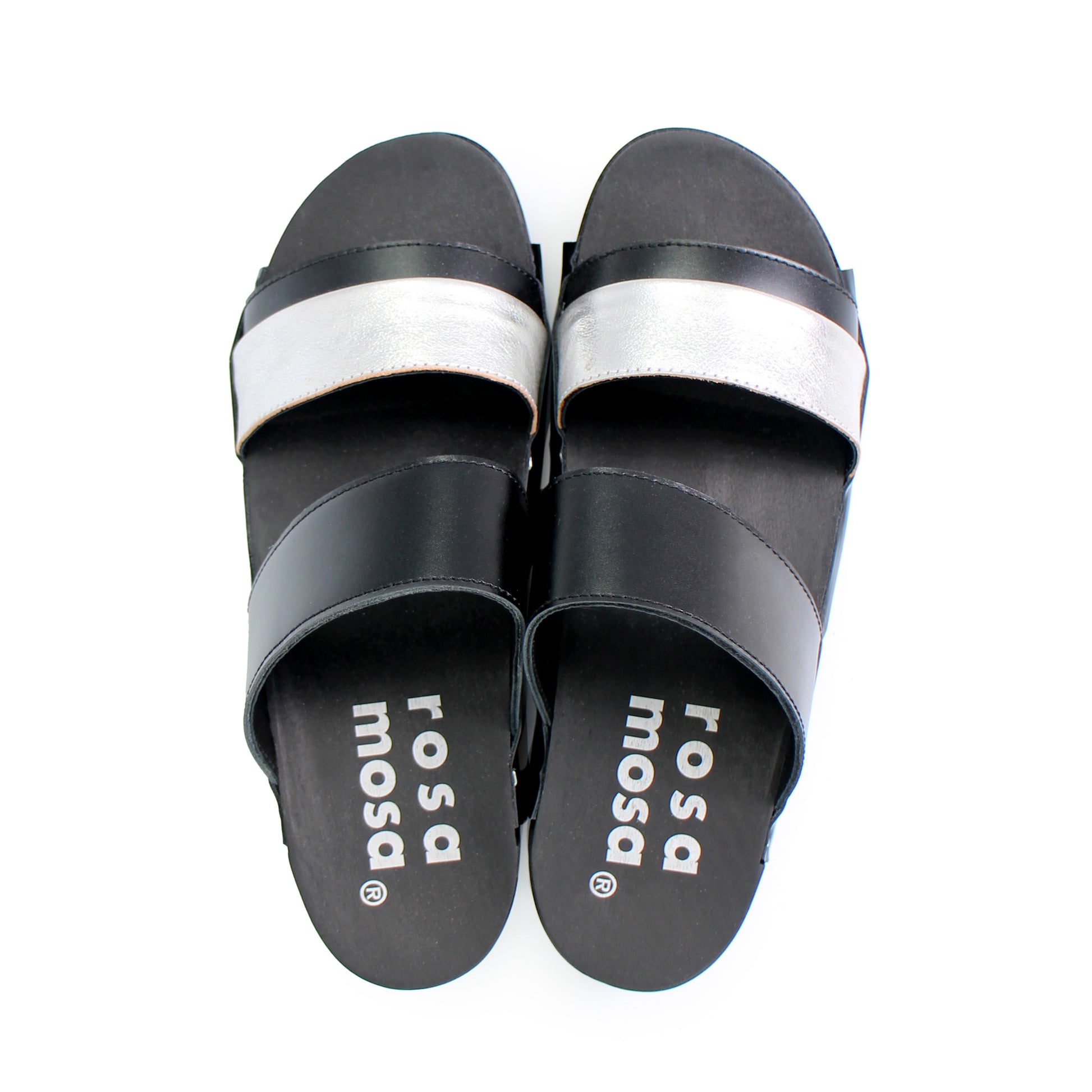 rosamosa donau black silver leather double dark wooden clog strap slippers