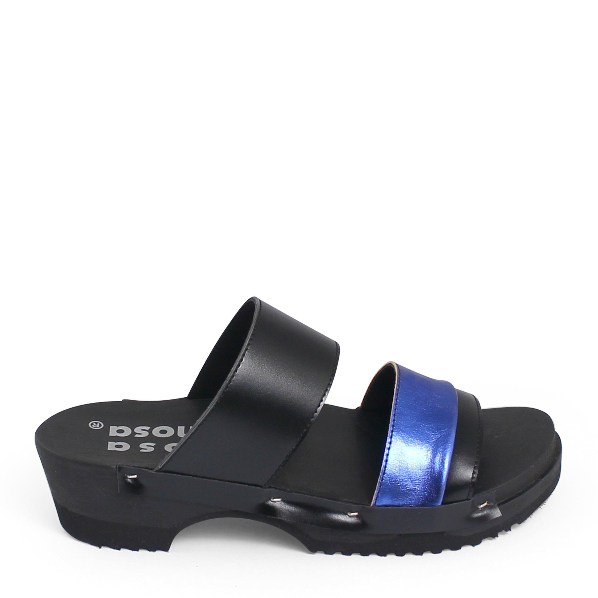 rosamosa donau black cobalt leather strap wooden clog shoe