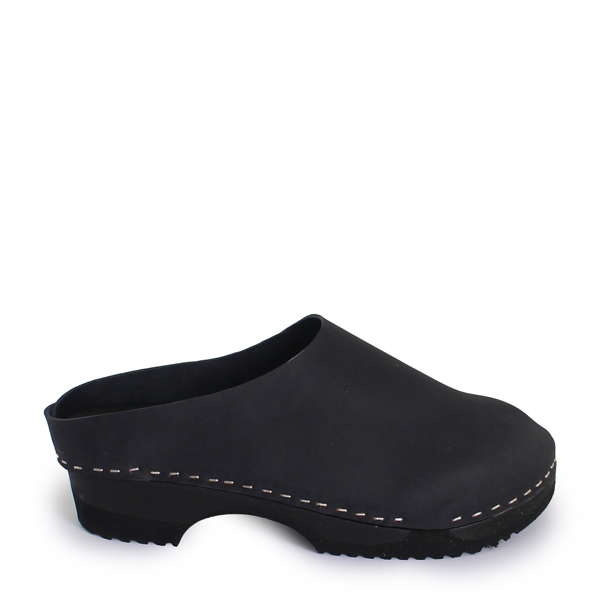 rosamosa round black leather dark wooden clog