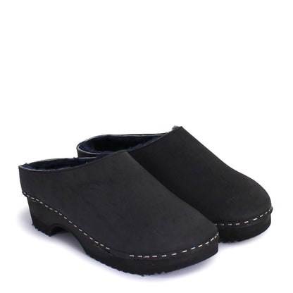 Rosa Mosa round black leather blue shearling dark wooden clog adult woman man