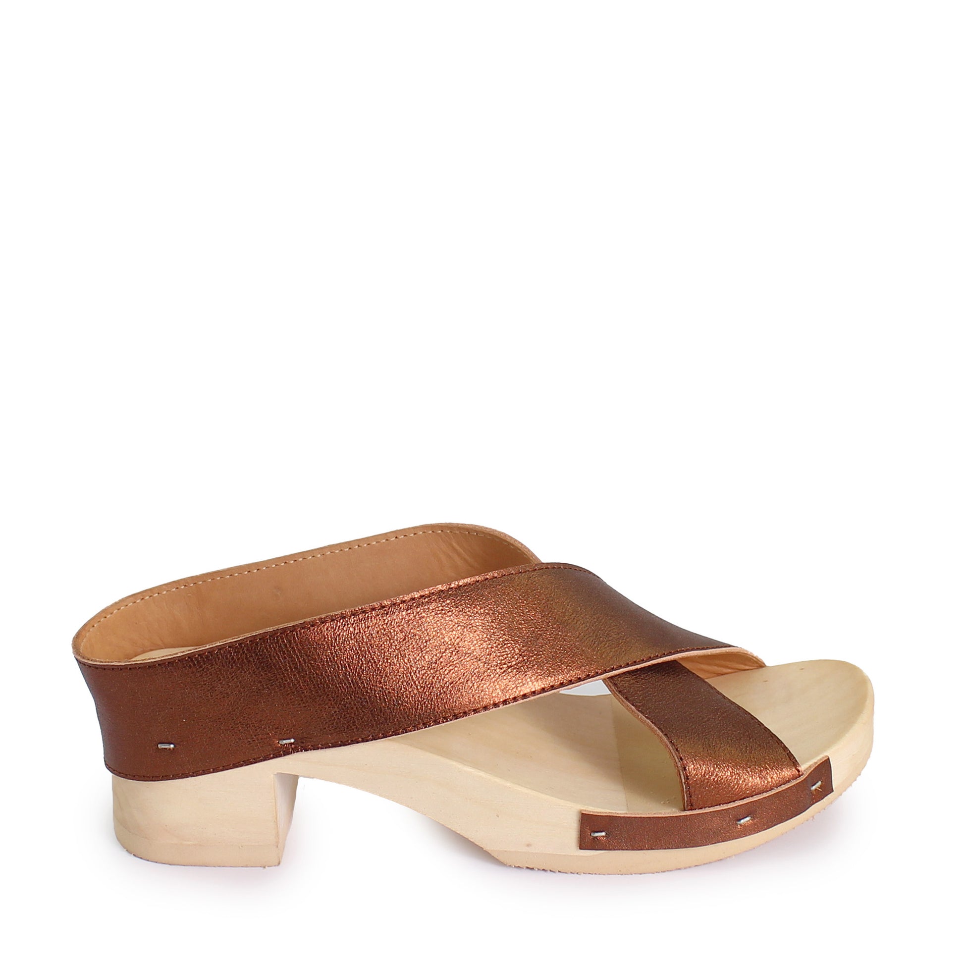 rosamosa rocco japanese x-form bronze leather wooden clog