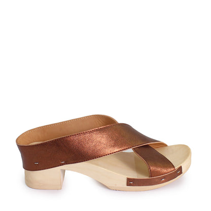 rosamosa rocco japanese x-form bronze leather wooden clog