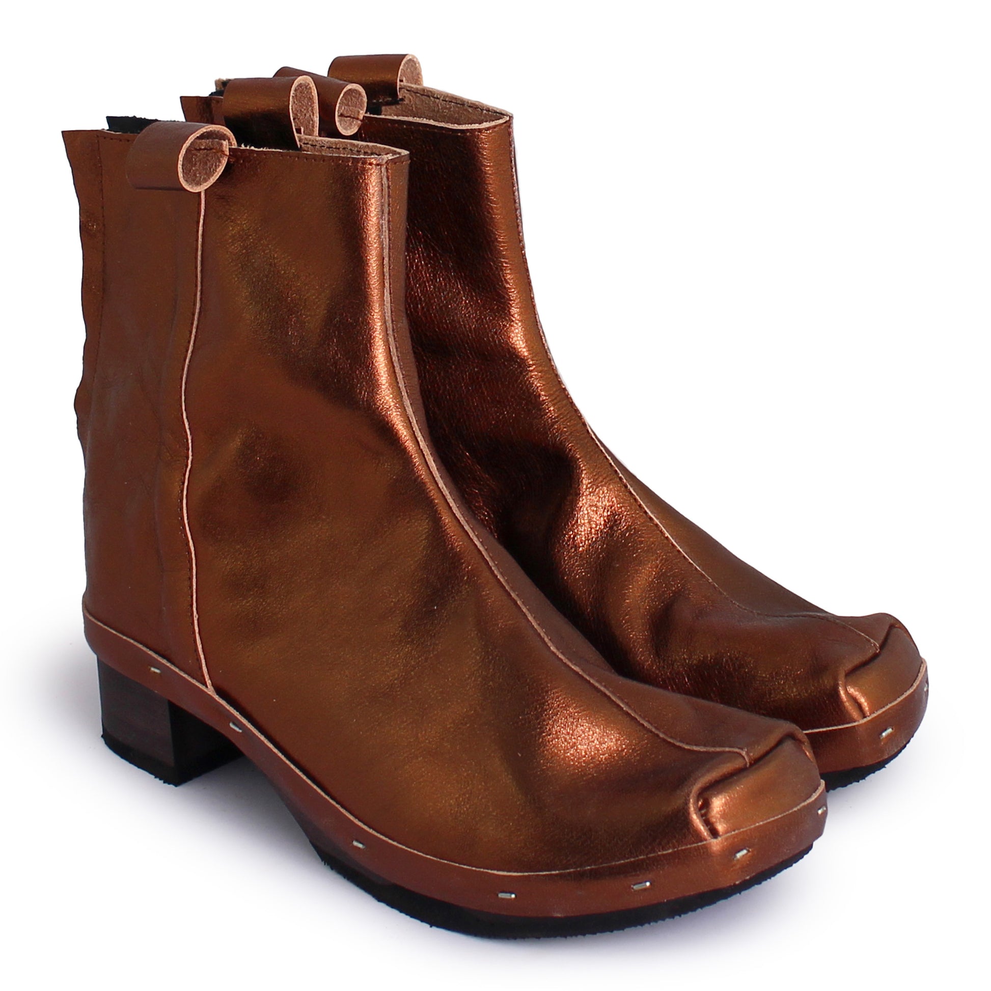 rosa mosa bronze leather ankle boot dark wooden clog