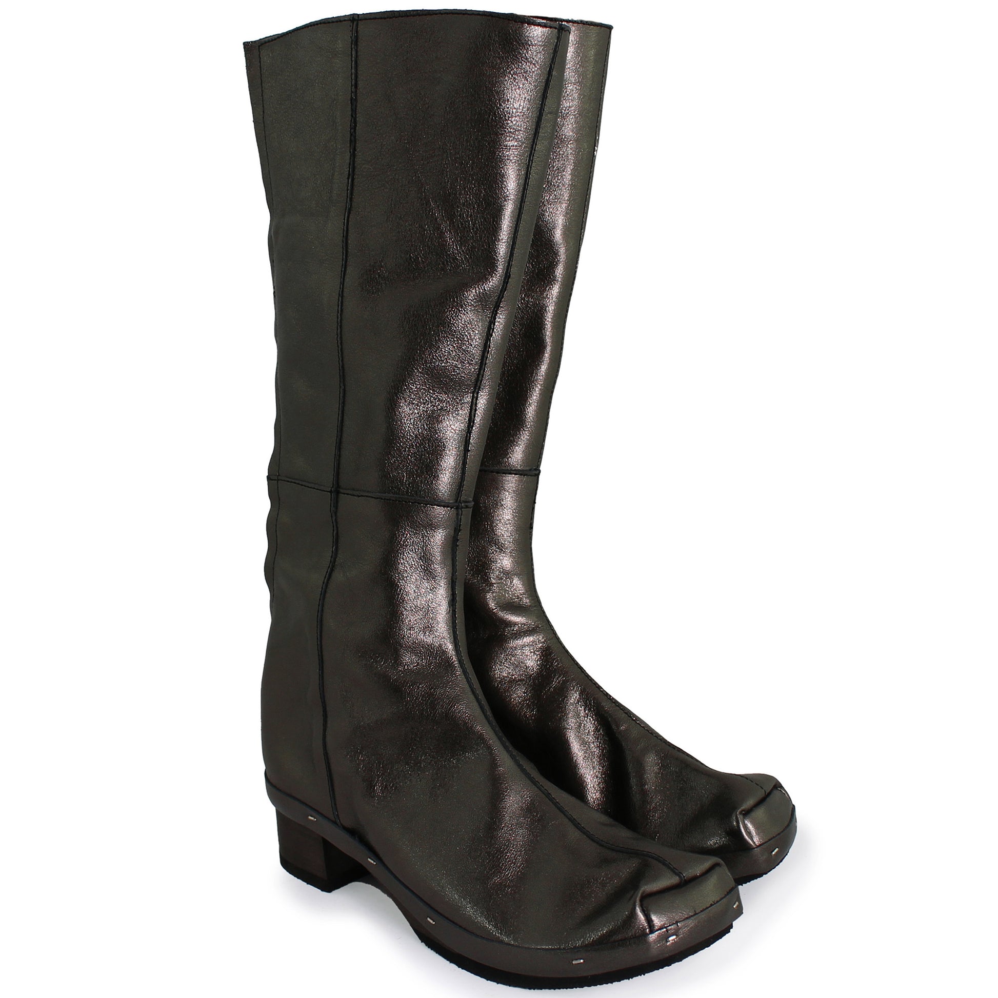 Rosa Mosa dark metallic leather long boot dark wooden clog boot adult woman man
