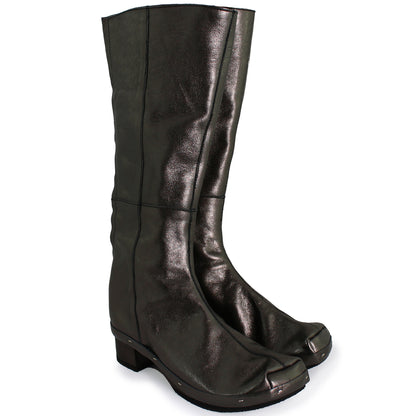 Rosa Mosa dark metallic leather long boot dark wooden clog boot adult woman man