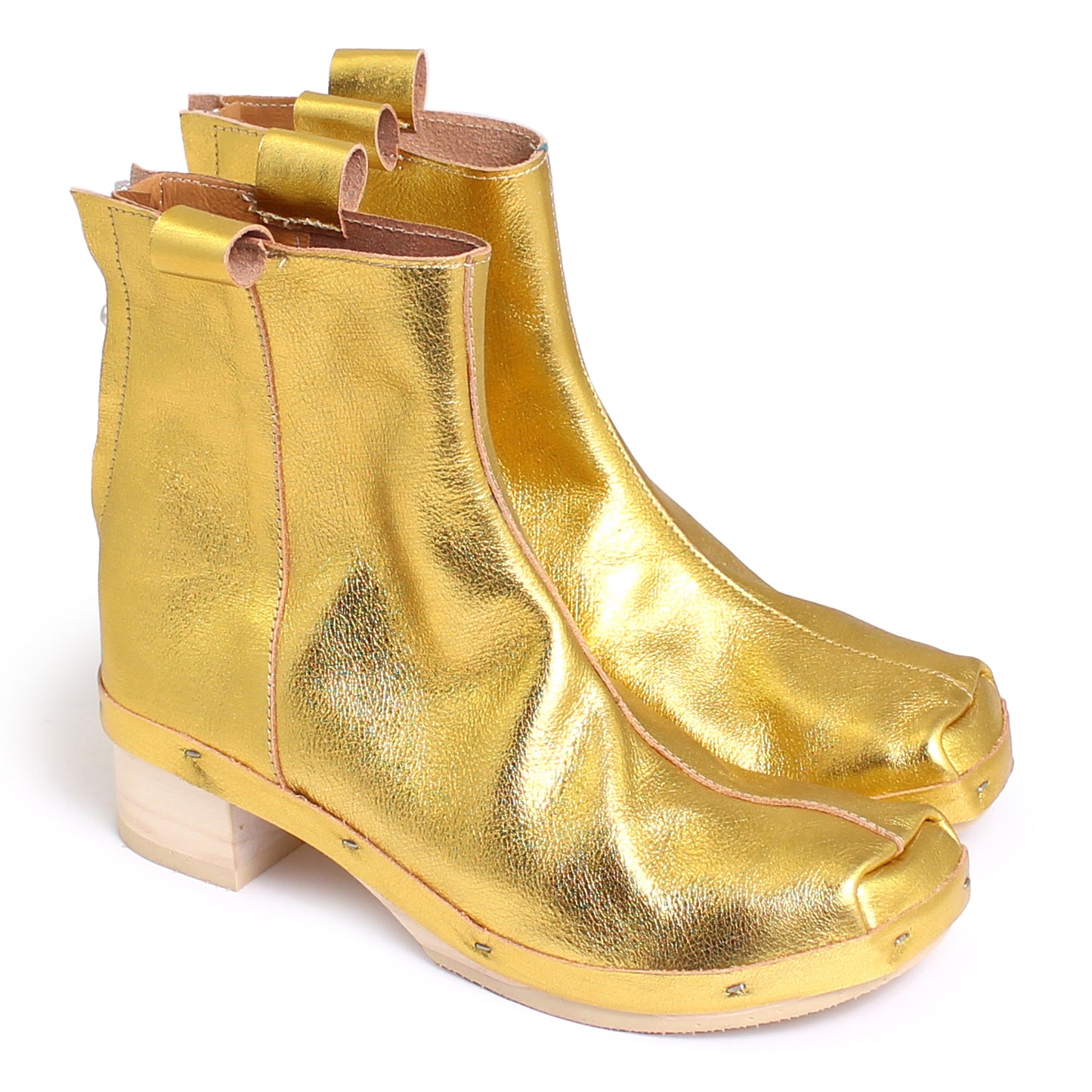 Rosa Mosa gold metallic leather ankle boot natural wooden clog boot adult woman man