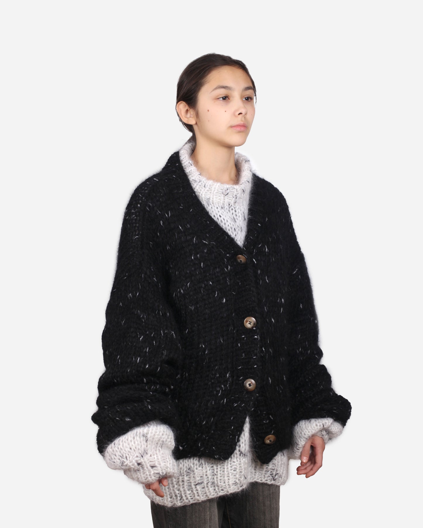 Unisex Hand Knit Mohair Cardigan + black white dots