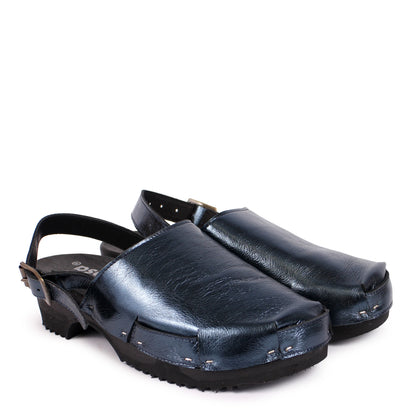 DONAU STRAP Metallic+ Leather Strap Clogs + Blue