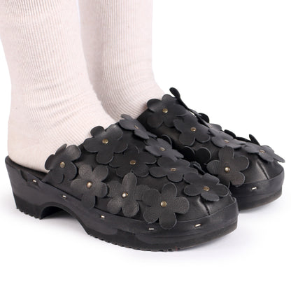 PANTO FIORE + Leather Clog Shoes + All Black