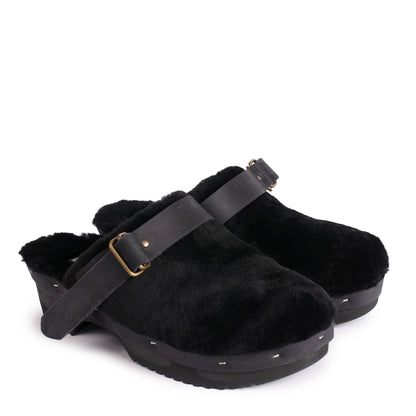 PANTO FULLY STRAP + Shearling Clog Shoes + Soft Black