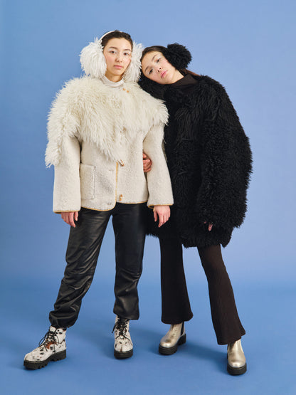 EAR WARMERS L + Shearling leather earmuffs + White Curly