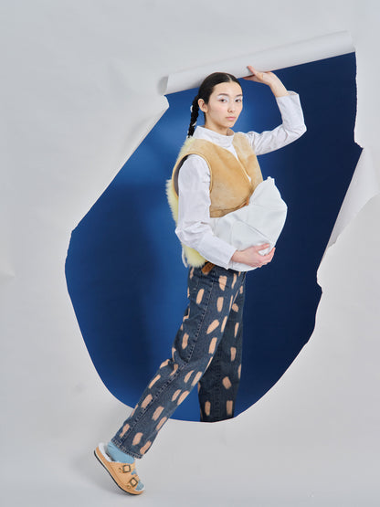 LANG FIBA CURLY + Shearling Leather Flat Clogs + Natural