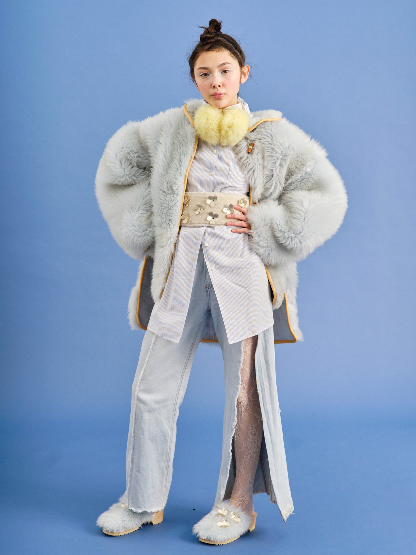 PANTO CURLY FIORE + Shearling Clog Shoes + Sky Blue