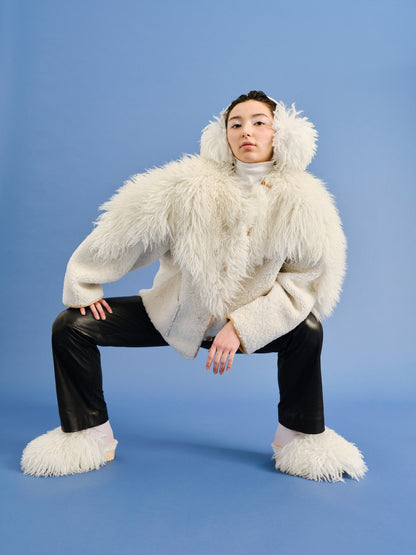 EAR WARMERS L + Shearling leather earmuffs + White Curly