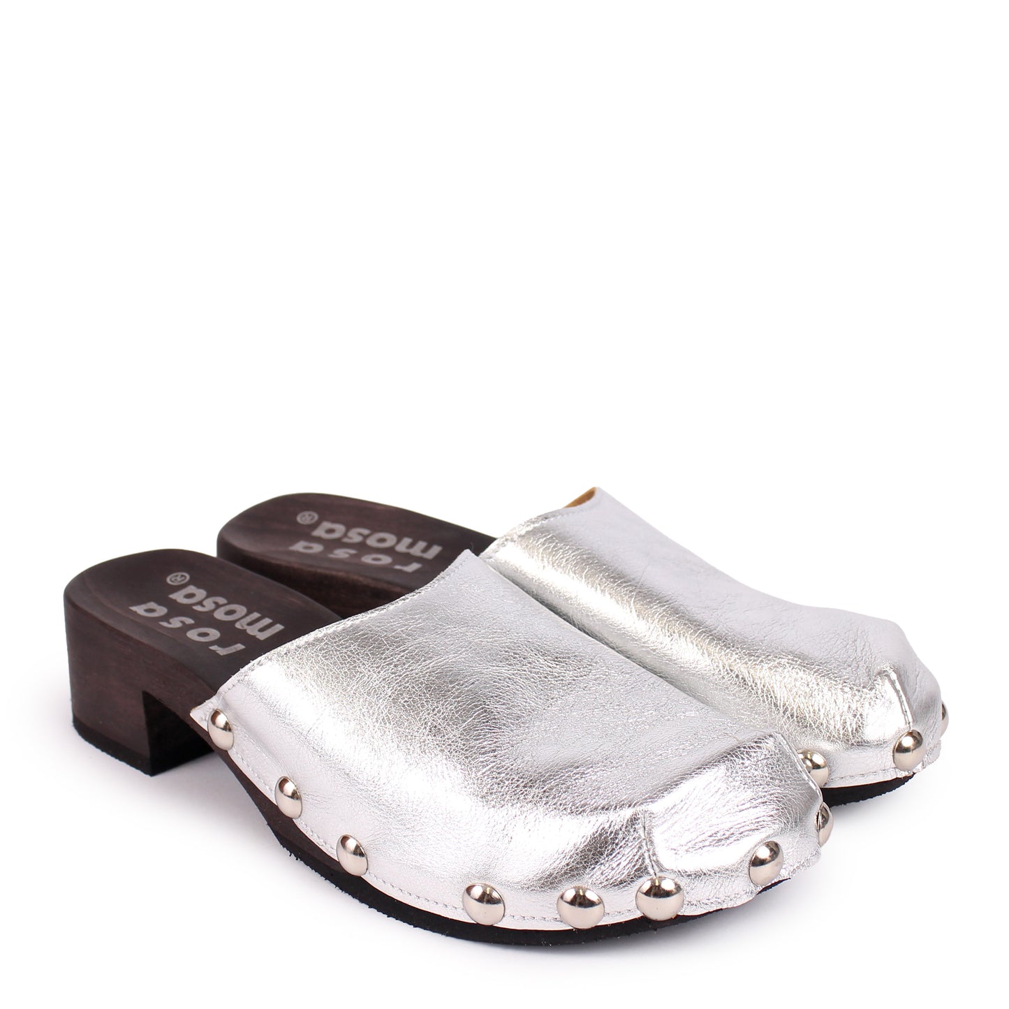 ROCCO GEO STUD + Metallic Leather Dark Clog Shoes + Silver