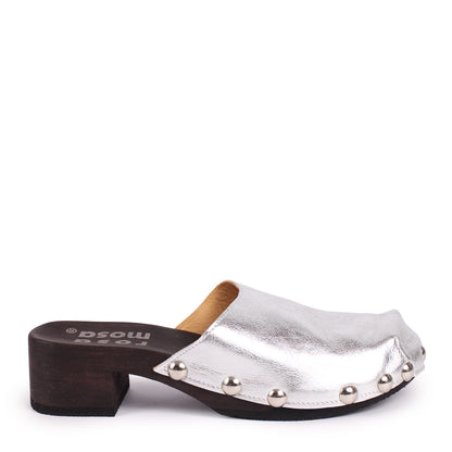 ROCCO GEO STUD + Metallic Leather Dark Clog Shoes + Silver