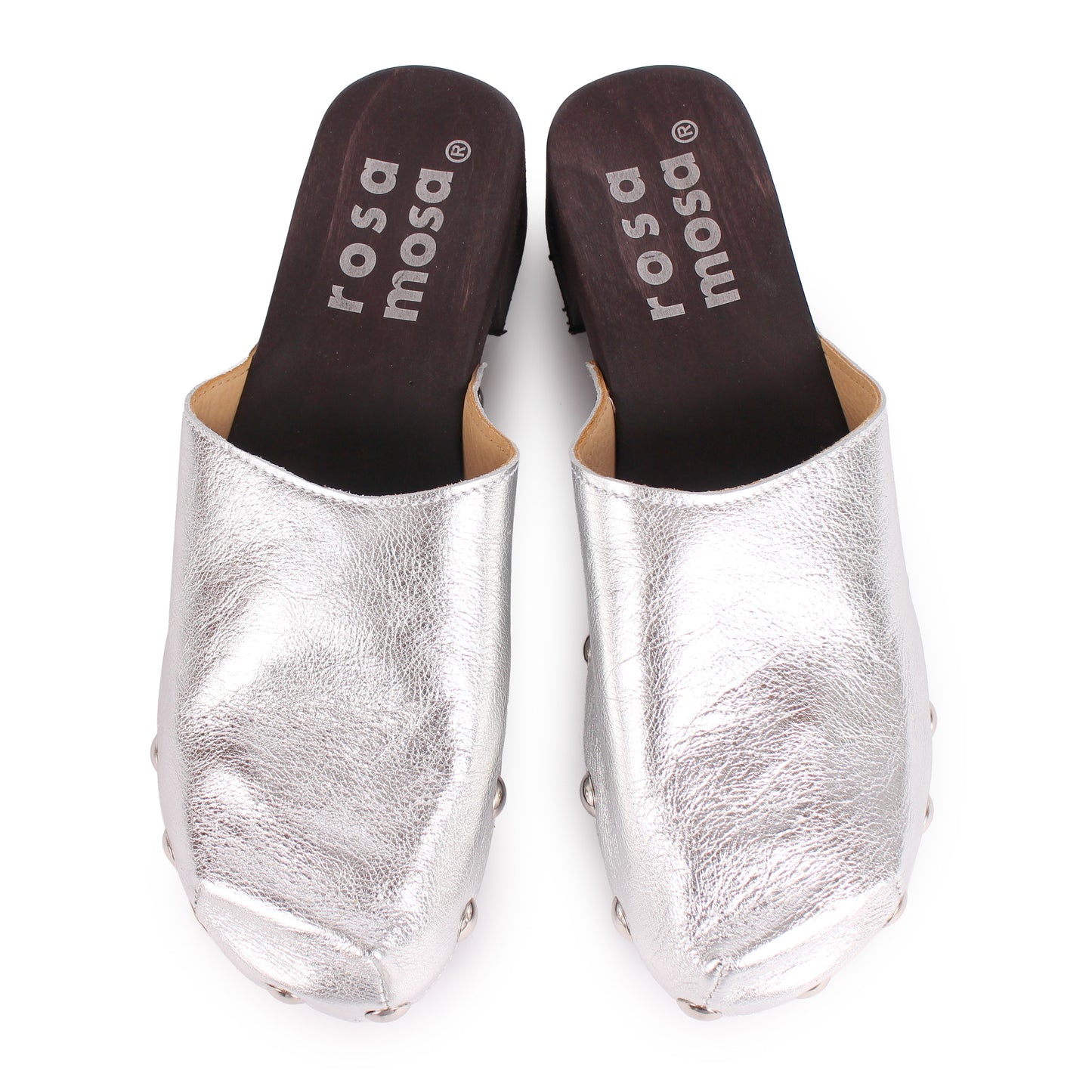 ROCCO GEO STUD + Metallic Leather Dark Clog Shoes + Silver