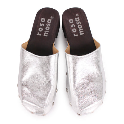 ROCCO GEO STUD + Metallic Leather Dark Clog Shoes + Silver