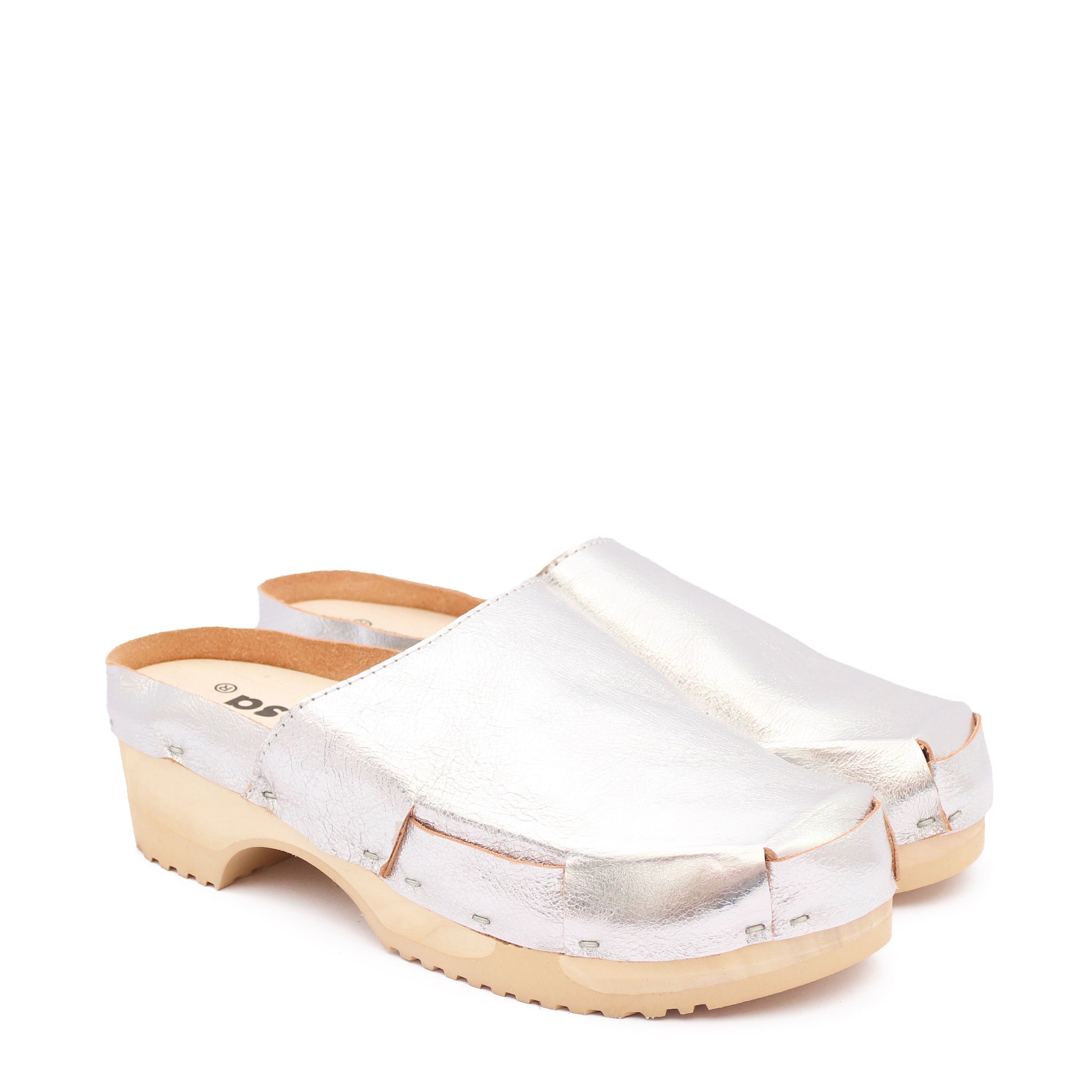 rosamosa donau silver leather natural wooden clog shoe