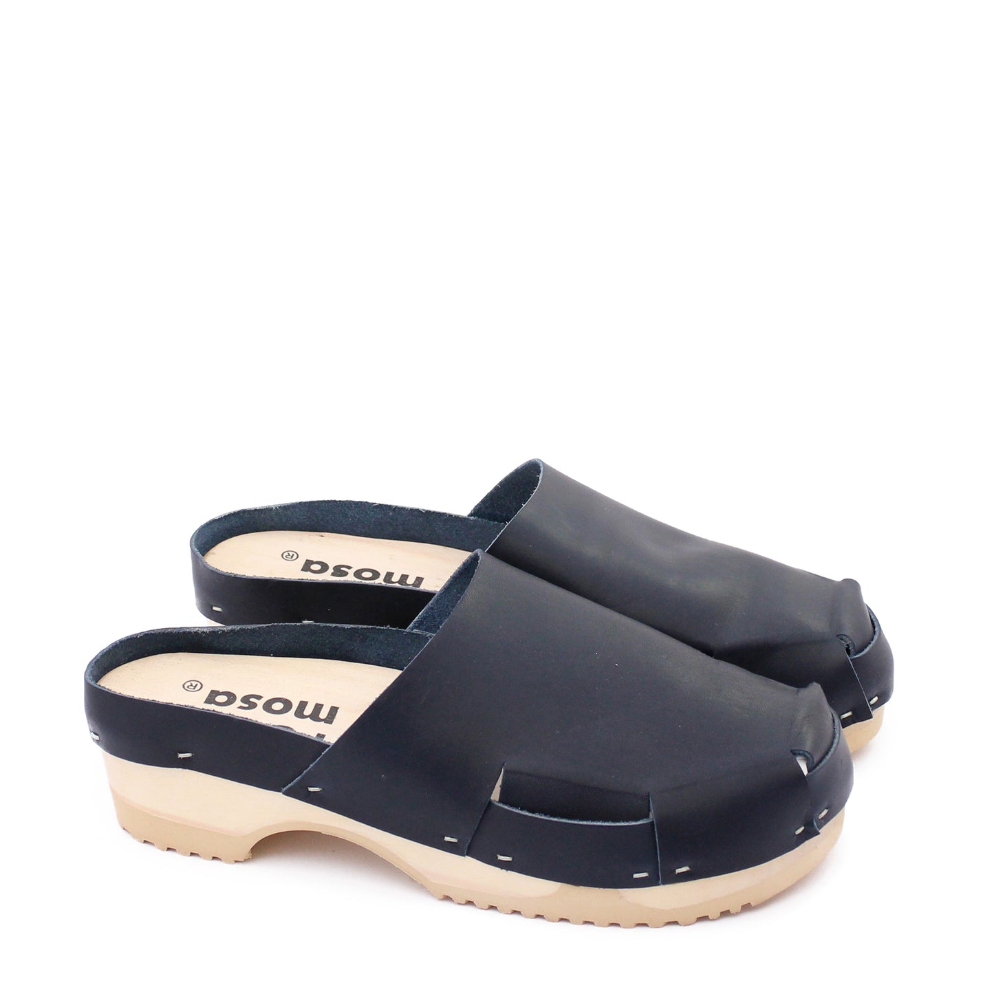rosamosa donau black leather natural wooden clog