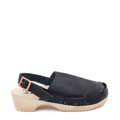 rosamosa donau simple buckle strap black leather natural wooden clog