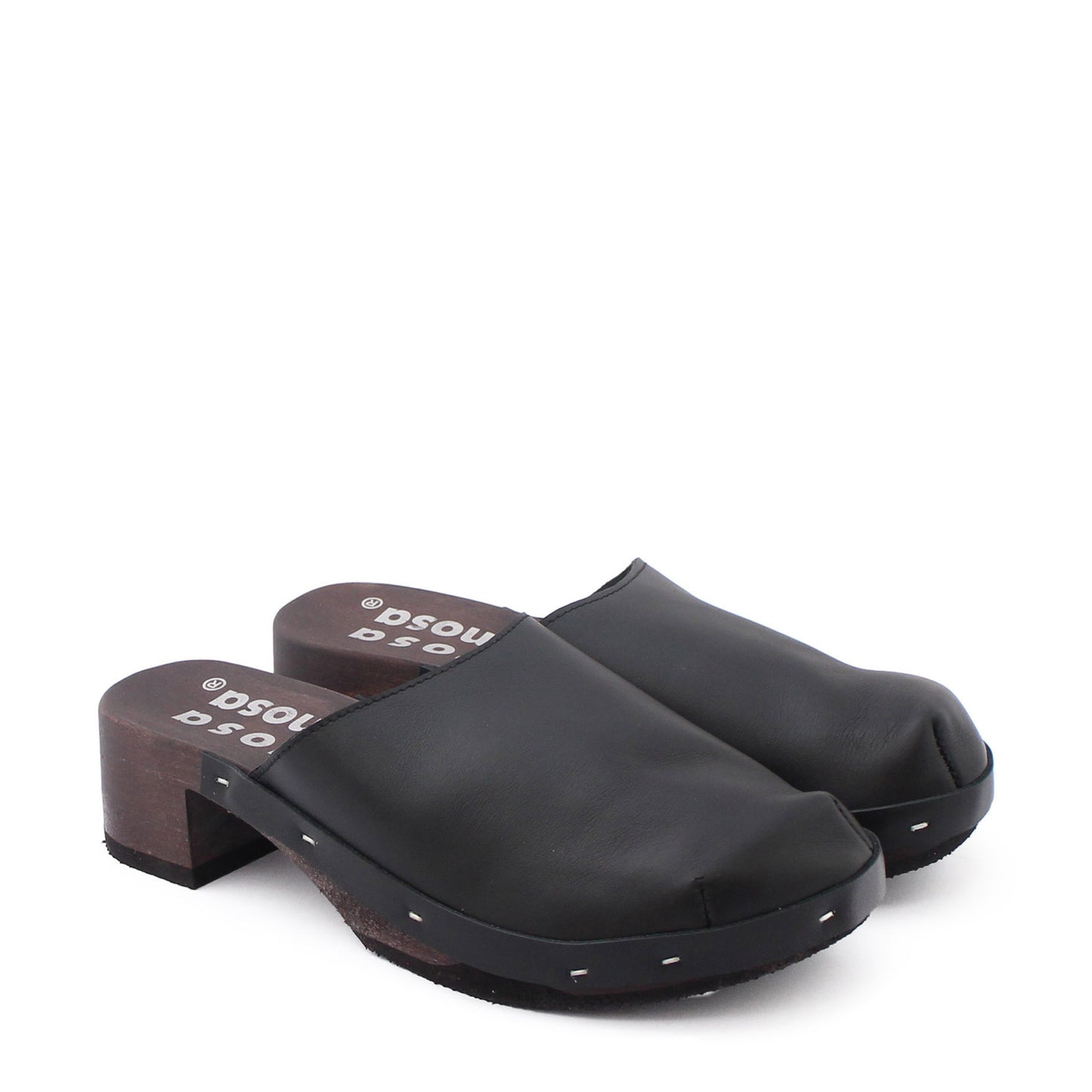 rosamosa rocco black leather dark wooden clog
