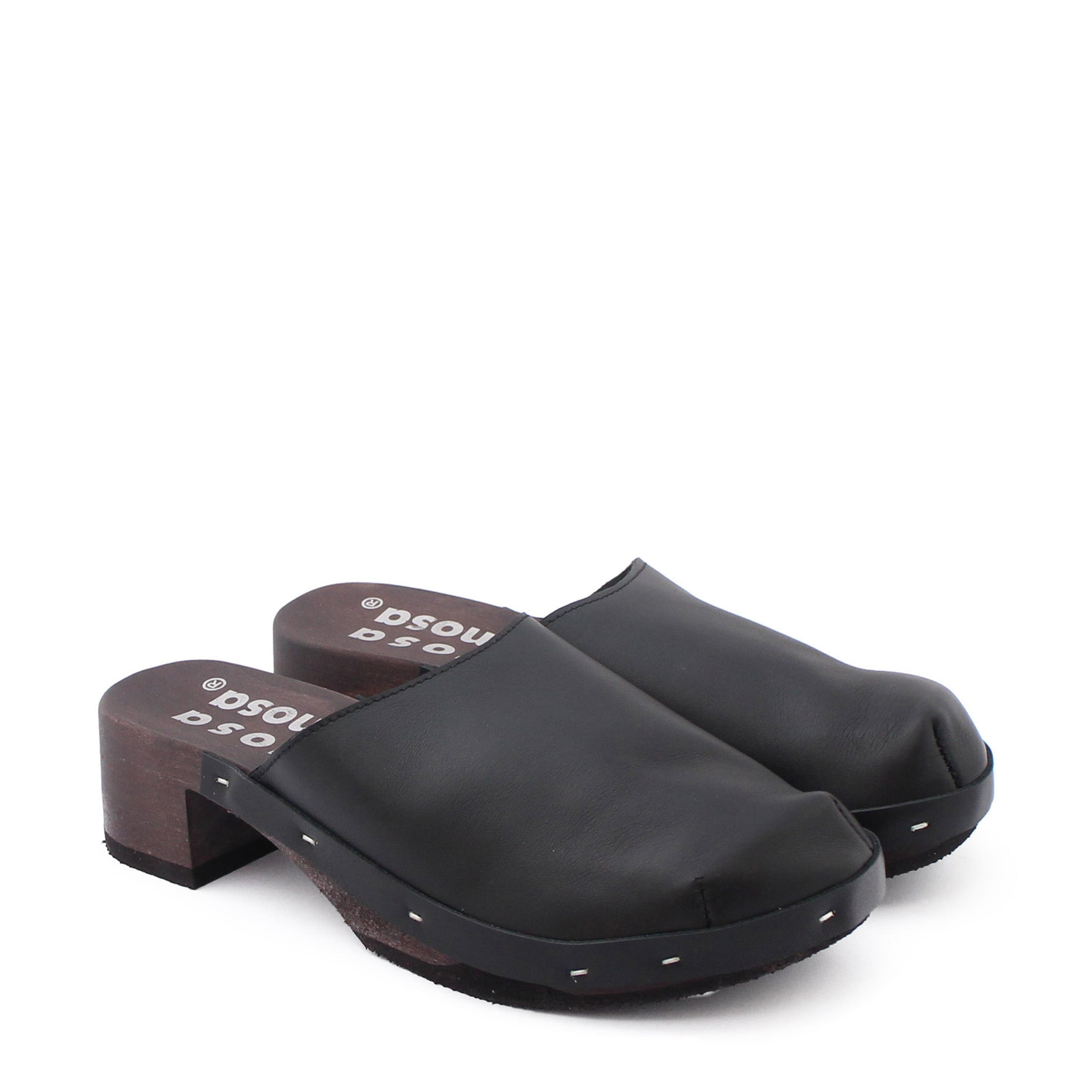 rosamosa rocco black leather dark wooden clog