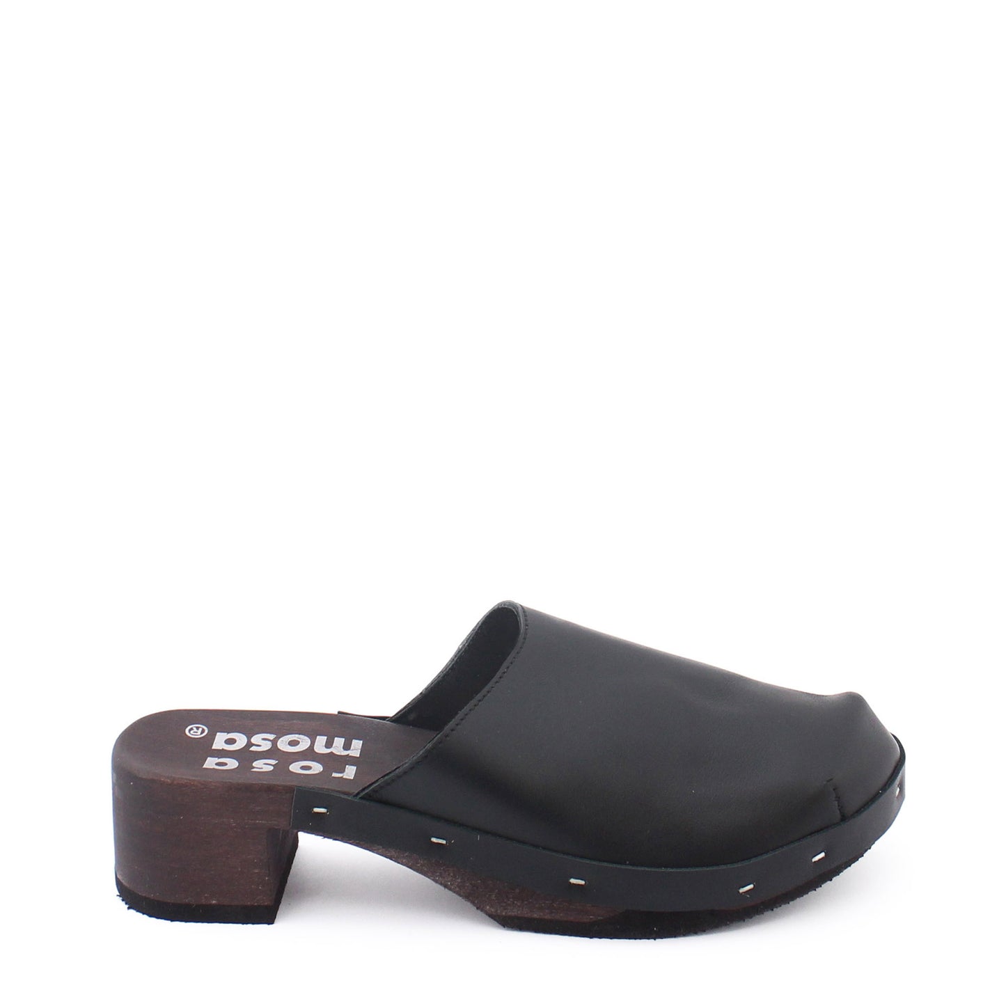 rosamosa rocco black leather dark wooden clog