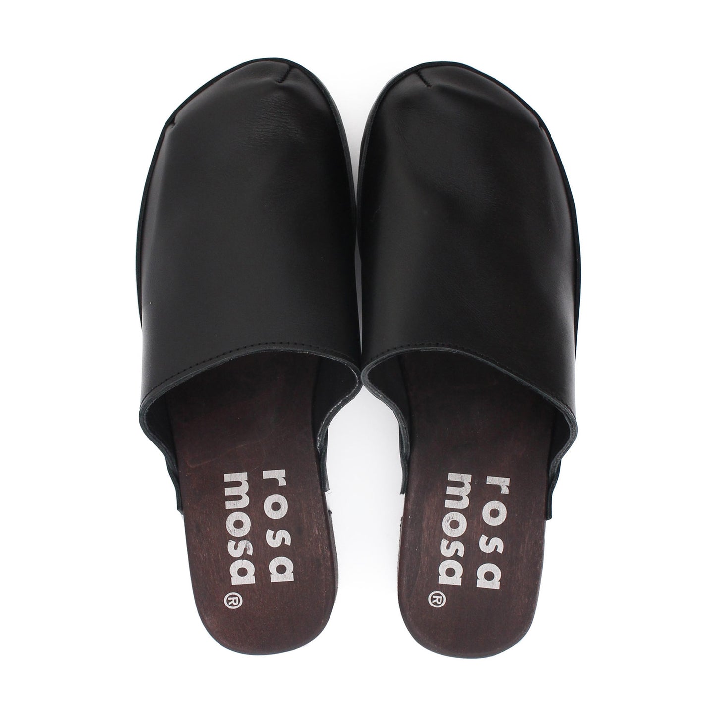 rosamosa rocco black leather dark wooden clog