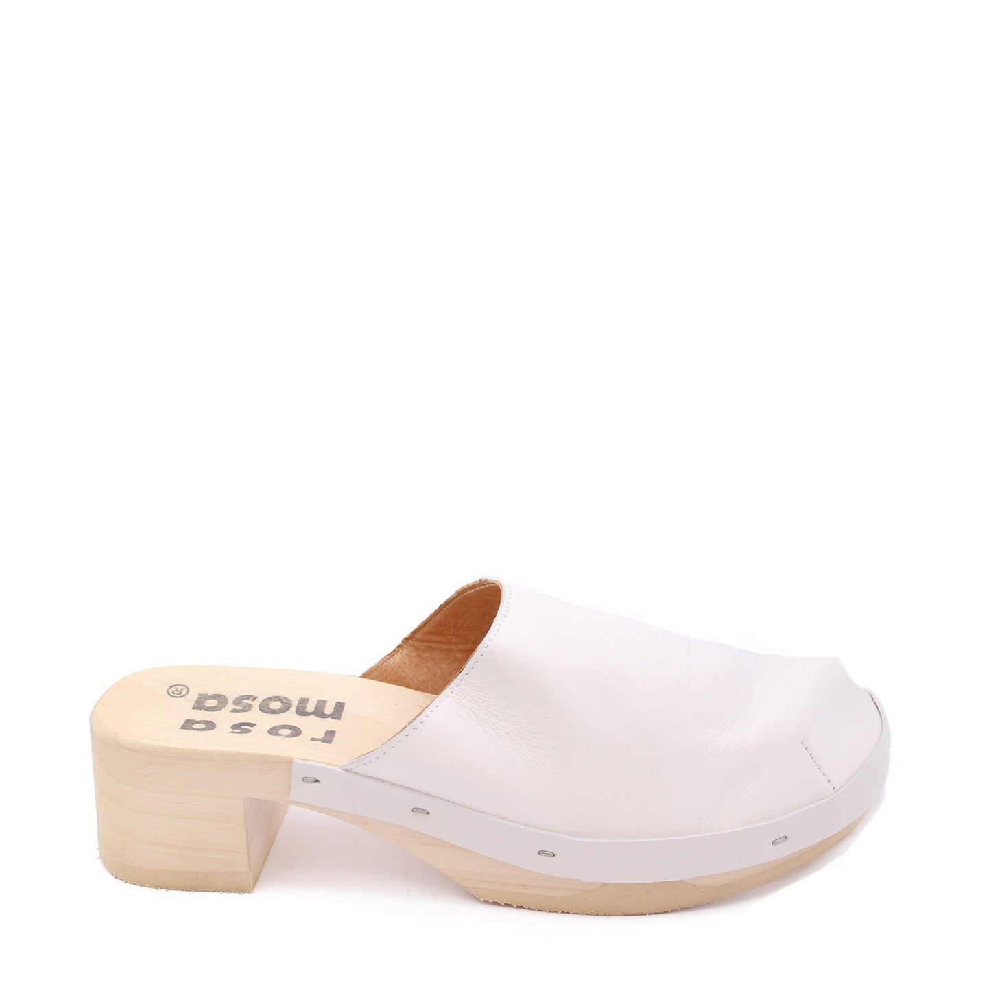 rosamosa rocco white leather natural wooden clog