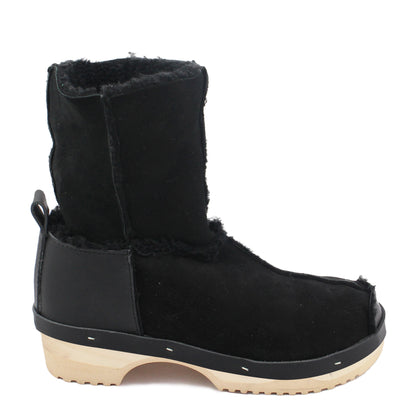OLGA BOOTS + Leather Shearling Clog Boots + Black