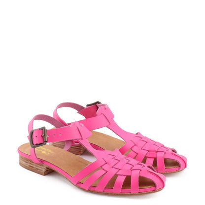 KAREN + Leather Strap Sandals + Hot Pink