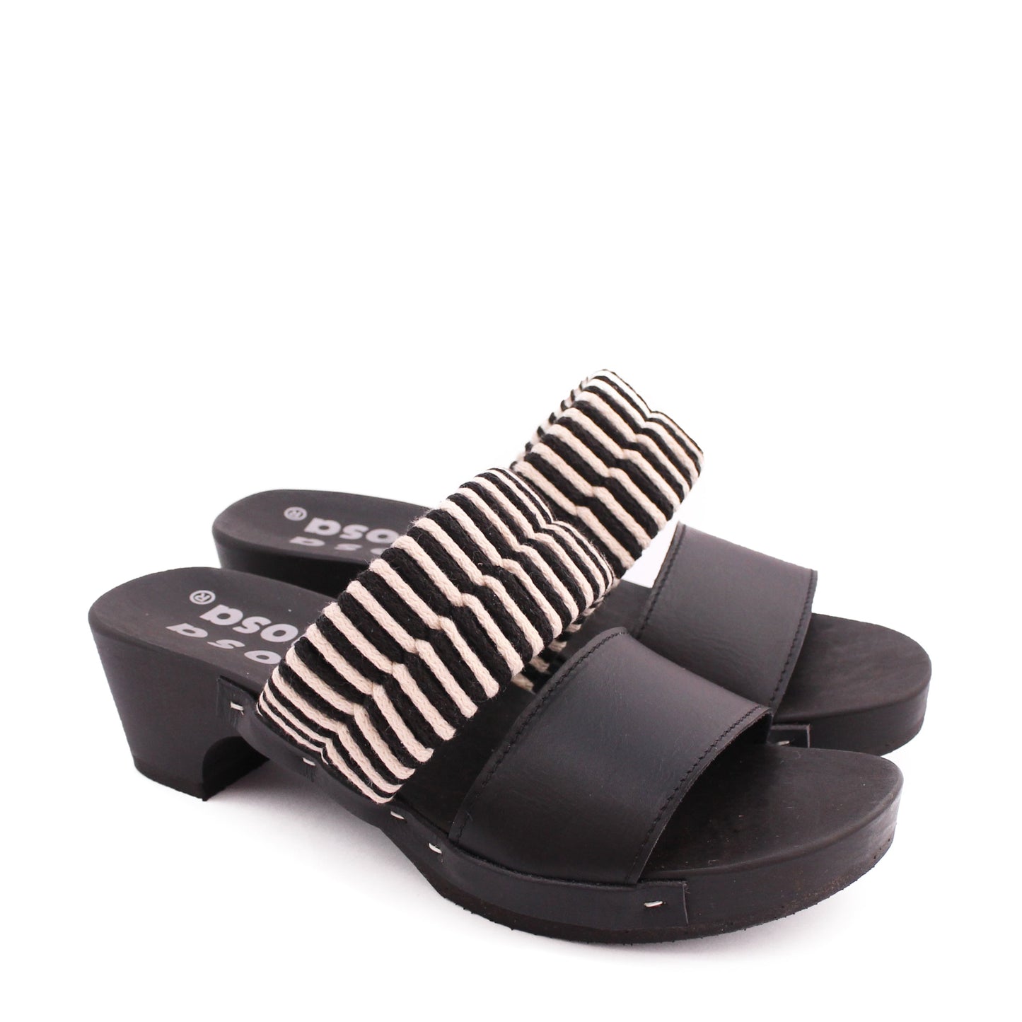 MAGO KNOT + Cotton Leather Dark Clog Sandals + Black / Natural