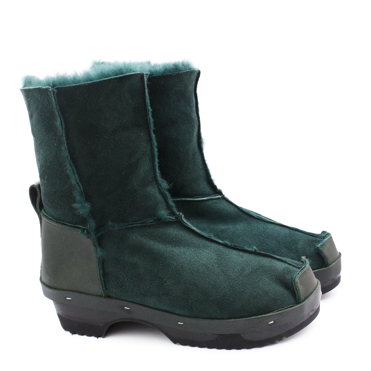 OLGA BOOTS + Leather Shearling Dark Clog Boots + Emerald