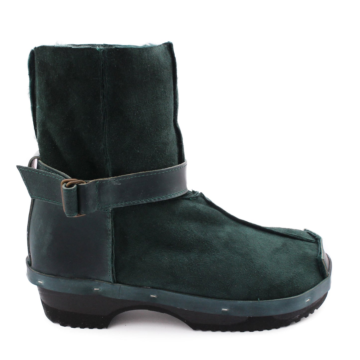 OLGA BOOTS + Leather Shearling Dark Clog Boots + Emerald