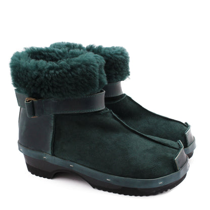 OLGA BOOTS + Leather Shearling Dark Clog Boots + Emerald
