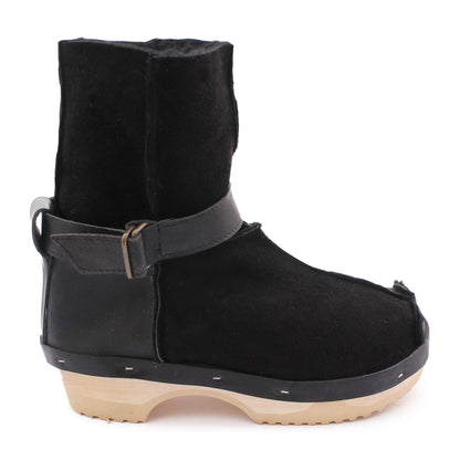 OLGA BOOTS + Leather Shearling Clog Boots + Black