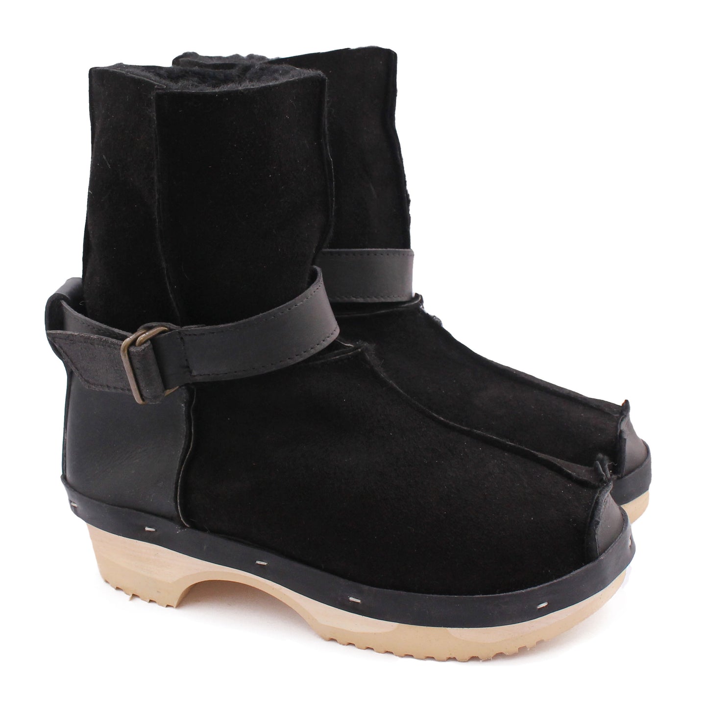 OLGA BOOTS + Leather Shearling Clog Boots + Black