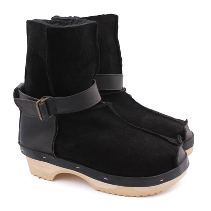 OLGA BOOTS + Leather Shearling Clog Boots + Black