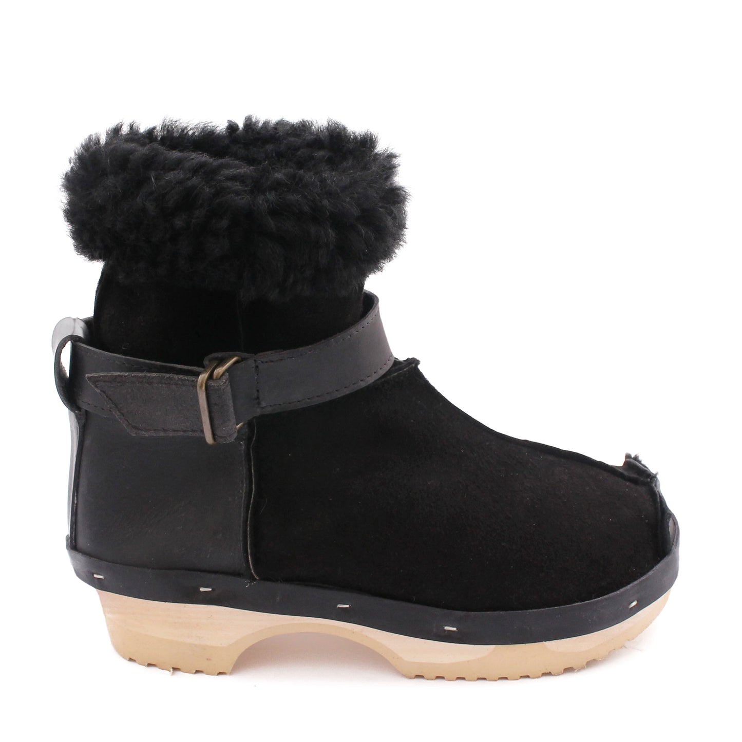 OLGA BOOTS + Leather Shearling Clog Boots + Black