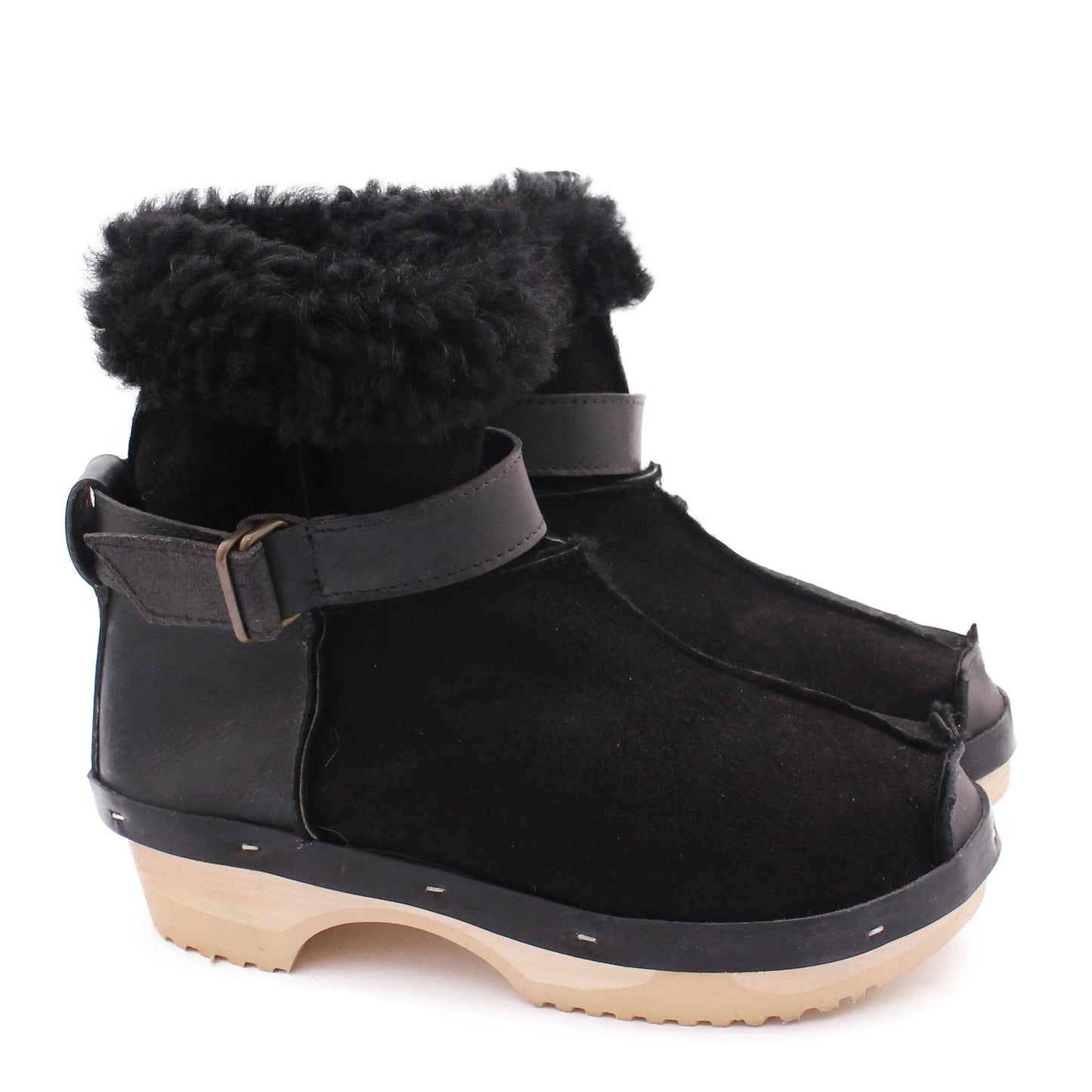 OLGA BOOTS + Leather Shearling Clog Boots + Black