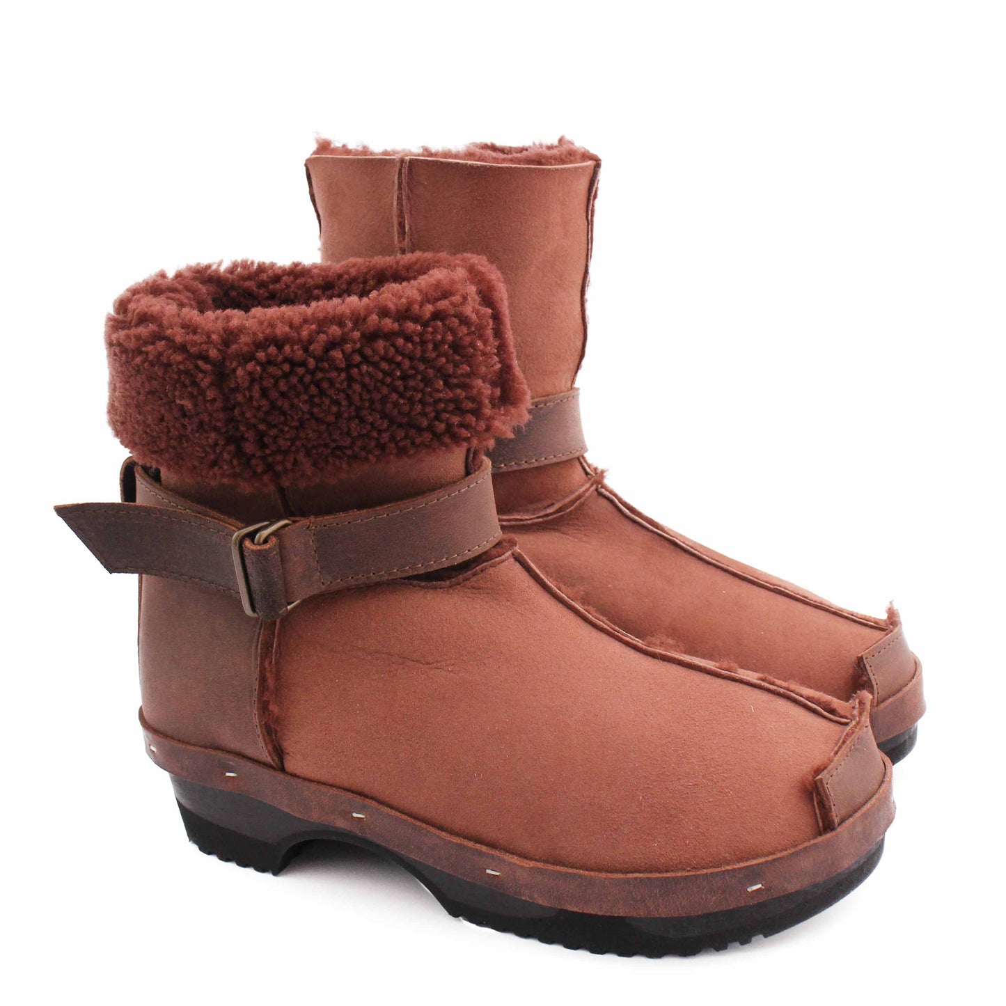 OLGA BOOTS + Leather Shearling Dark Clog Boots + Teddy